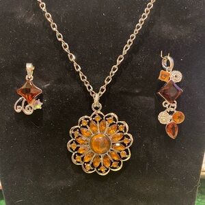 Silver Necklace and 3 Interchangeable Amber Colored Pendants Jewelry Set